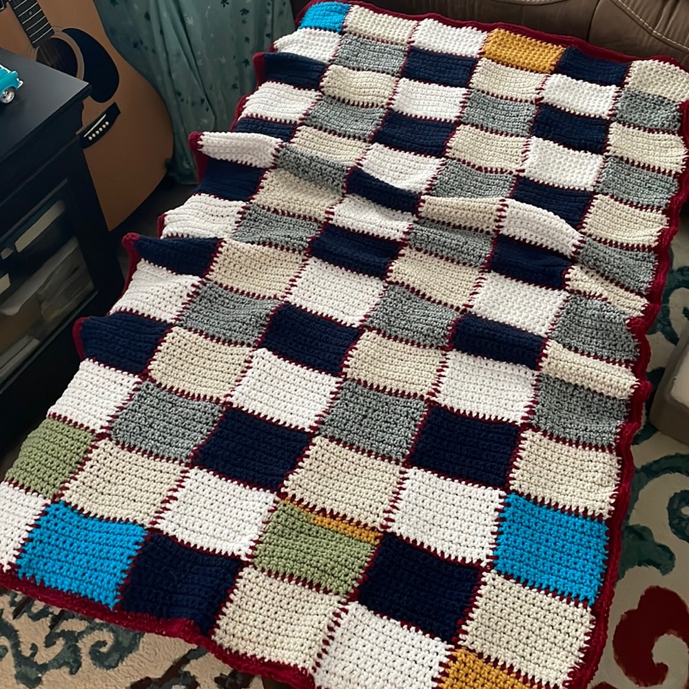 Mini Squares Homemade Crocheted Patchwork Blanket-Throw- Navy, White, Gray….New
